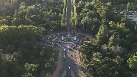 Roundabout-Junction-Street-at-Mendoza-City,-Argentinian-Famous-Vineyards-City,-Green-Landscape-around-Traffic-Circle,-Treetop-Forest,-Cars-Driving-and-Parking