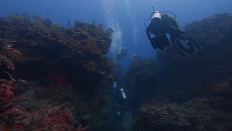 Scuba-divers-diving-between-rift-in-mexican-caribbean