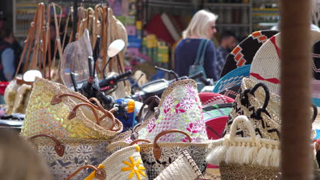 Slomo-gimbal-shot-of-handicraft-stall-at-street-market-in-Marrakech