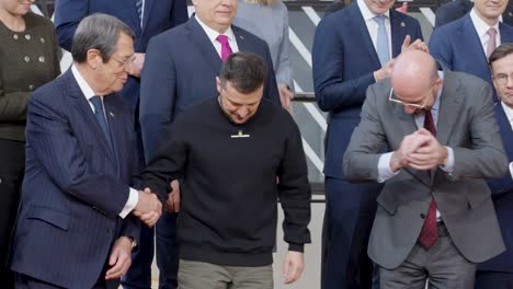 Close-up-shot-of-Ukrainian-president-Zelensky-at-EU-summit-of-the-European-Council-in-Brussels,-Belgium-during-Russian-war---Slow-motion