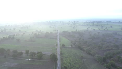 Drone-Moviéndose-Hacia-Atrás-En-Tierras-De-Cultivo-Con-Niebla-En-La-Atmósfera,-Está-La-Carretera-Como-Tema-Principal