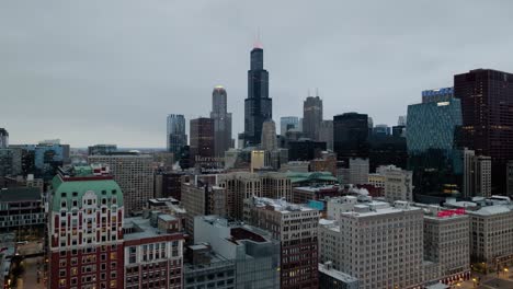 Aerial-tracking-view-of-the-South-Loop-cityscape,-gloomy-evening-in-Chicago,-USA