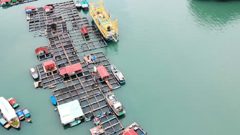 Halong-Bucht,-Vietnam,-Fischerboote-Und-Fischerdorf-Drohnenvideo-über-Dem-Meer-Und-Dem-Berg-Mit-Grünen-Kalksteinsäulen