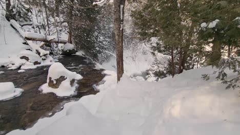 Forward-dolly-shot,-moving-through-snowy-evergreen-forest-in-a-steep-valley-near-a-small-river-to-reveal-a-small-waterfall,-handheld