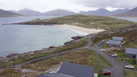 Drone-shot-of-the-"Tala-Na-Mara"-centre-located-on-the-Isle-of-Harris,-Outer-Hebrides,-Scotland