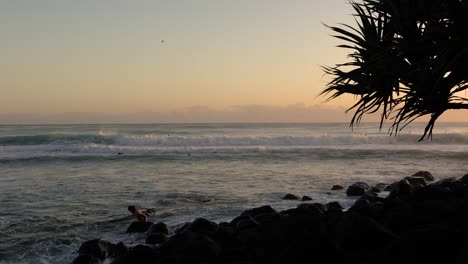 Surfer-entering-the-water-at-Burleigh-Heads-on-the-Gold-Coast,-Queensland,-Australia