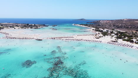 Aerial-view-towards-Elafonisi-beach-island,-Crete,-Greece-with-azure-tropical-seascape