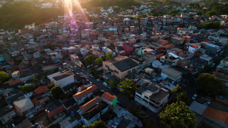 Protestant-Church-in-a-shanty-town,-sunny-evening-in-Sao-Paulo,-Brazil---Aerial-view
