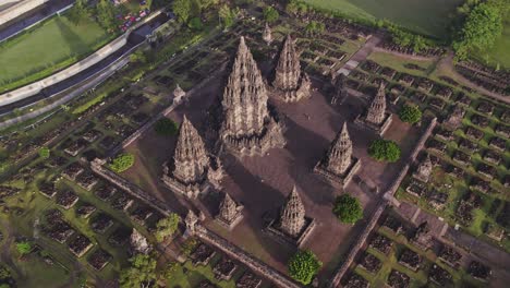 Largest-Hindu-Temple-in-Indonesia-during-sunrise-with-no-people,-aerial