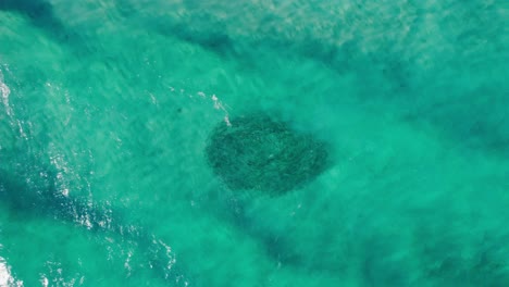 Aerial-of-bait-ball-or-school-of-fish-sheltering-in-shallow-clear-turquoise-waters-of-Western-Australia-With-waves-breaking
