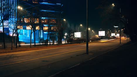 Night-timelapse-of-building-in-city-Sofia-Bulgaria-urban-street-long-exposure-empty
