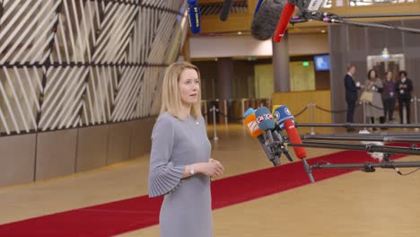 Prime-Minister-of-Estonia-Kaja-Kallas-talking-to-the-press-in-the-European-Council-building-during-EU-summit-in-Brussels,-Belgium