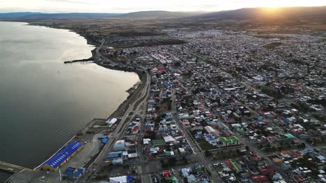 Aerial-View-Above-Punta-Arenas-Port-City,-Patagonia-in-Chile,-South-America,-Urban-Patagonian-Region-Landscape,-Strait-of-Magellan-Coastline