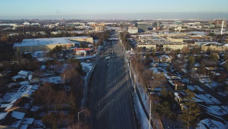 Winter-drone-push-in-view-on-street-in-residential-area
