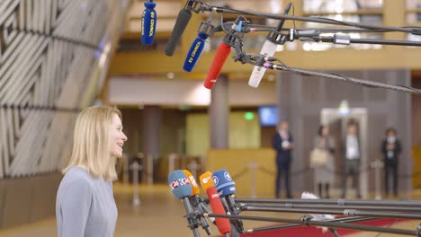 Estonian-Prime-Minister-Kaja-Kallas-talking-to-the-press-in-the-European-Council-building-during-EU-summit-in-Brussels,-Belgium