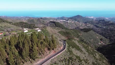 Aerial-drone-view-of-roadway-at-mountain-top-in-Gran-Canaria,-Spain
