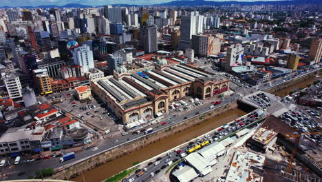 Aerial-view-around-the-Mercado-Municipal-de-São-Paulo,-sunny-day-in-Brazil---orbit,-drone-shot