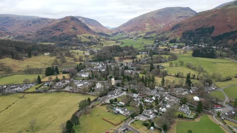 Cumbrian-landscape,-Aerial-view-of-Grassmere,-village,-town-in-the-English-Lake-District,-UK
