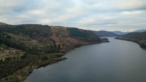 Aerial-footage-of-Thirlmere-lake,-reservoir-in-the-Borough-of-Allerdale-in-Cumbria