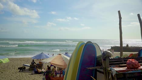 Surfboards-lined-up-at-Batu-Bolong-beach,-a-popular-destination-for-tourists-and-digital-nomads-to-relax-and-do-some-surfing
