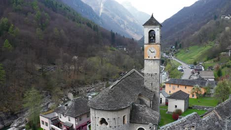 Establisher-aerial-view-of-picturesque-medieval-village-of-Valle-Verzasca-Town