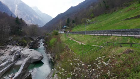 Aerial-View-Of-Banks-Of-Verzasca-River,-Lavertezzo,-Ticino,-Switzerland