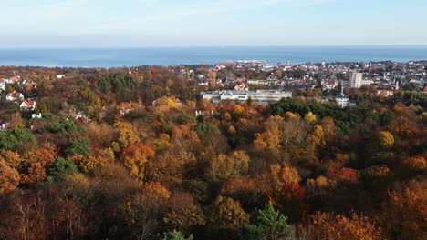 Sopot-resort-city-by-Baltic-Sea-and-autumn-forest,-picturesque-aerial-panorama