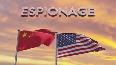 Spionagetext-Mit-China--Und-Usa-Flaggen,-Die-Bei-Sonnenuntergang-Wehen