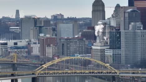 Pittsburgh,-Pennsylvania-yellow,-steel-bridge-with-skyline-in-background