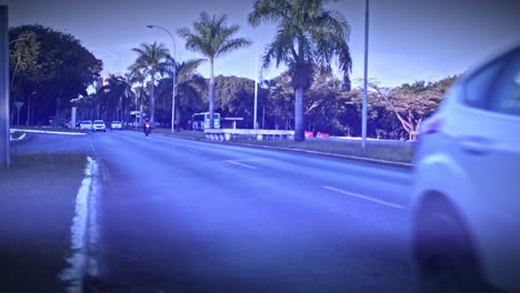 Autos,-Die-An-Der-Seite-Von-Palmen-Auf-Der-Straße-In-Brasilia-Vorbeifahren