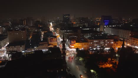 Aerial-Nighttime-View-Of-Traffic-Intersection-In-Downtown-Karachi