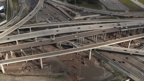 Birdseye-view-of-cars-on-59-and-610-South-Freeway-in-Houston,-Texas