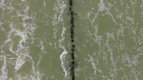 Aerial-birdseye-view-of-Baltic-sea-coast-on-a-overcast-day,-old-wooden-pier,-white-sand-beach,-large-storm-waves-crushing-against-the-coast,-climate-changes,-wide-ascending-drone-shot