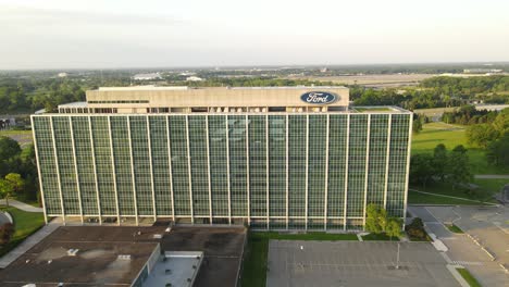 Ford-Motors-headquarters,-aerial-fly-backward-reveal-view