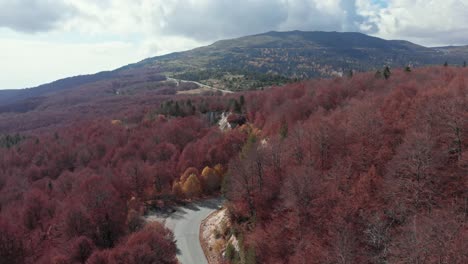 Drone-video-ascending-fly-over-winding-road-autumn-forest-colors-kaimaktsalan