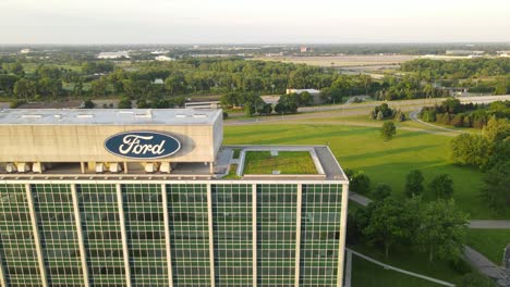 Grass-plot-on-Ford-Motors-office-building,-aerial-drone-view