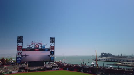 Gimbal-tilting-down-shot-from-the-top-deck-of-Oracle-Park-in-San-Francisco,-California