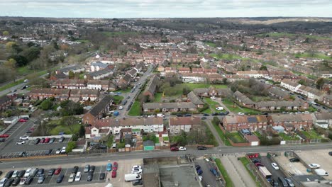 Debden-housing-estate-Essex-UK-panning-drone-aerial-view