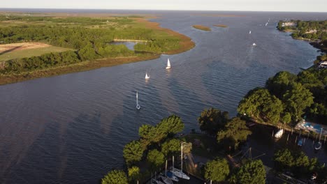 Sailboats-navigating-along-maritime-route-between-Buenos-Aires-in-Argentina-and-Montevideo-in-Uruguay,-San-Isidro-Yacht-club-along-Rio-de-la-Plata-river-at-sunset