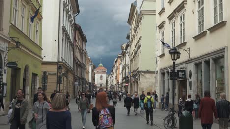 Krakow,-Poland---11-July-2022:-Tourists-on-Florianska-Street-Stedicam-Shot-Walking-at-St