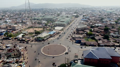 Roundabout-in-central-Gombe,-Nigeria---aerial-orbit