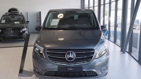 New-modern-Mercedes-Vito-standing-in-the-showroom-of-the-Mercedes-dealership-in-Perpignan,-France