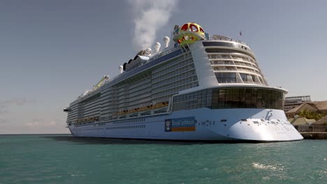 Side-view-of-Odyssey-of-the-Seas-from-Royal-Caribbean-cruises-in-port-of-Falmouth,-Jamaica