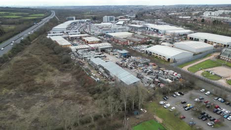 Debden-Essex-UK-industrial-estate-Drone,-Aerial,-view-from-air,-birds-eye-view