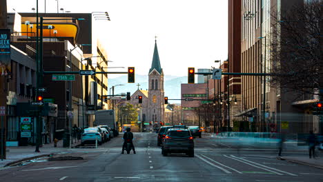 Motion-time-lapse-of-busy-street-traffic,-view-of-St