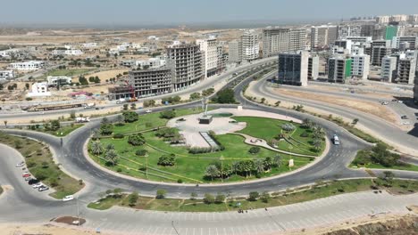 Aerial-View-Of-Sindh-Square-Roundabout-In-Bahria-Town,-Karachi
