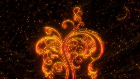 Wunderschöne-Animation-Eines-Stilisierten-Und-Leuchtend-Goldenen-Lebensbaums,-Der-Mit-Sternenklarem-Nachthalbmond-Und-Schimmernden-Sternen-Im-Hintergrund-Wächst