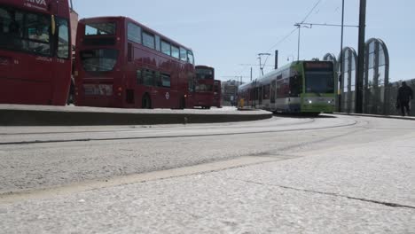 Low-angle-shot-of-London-tram