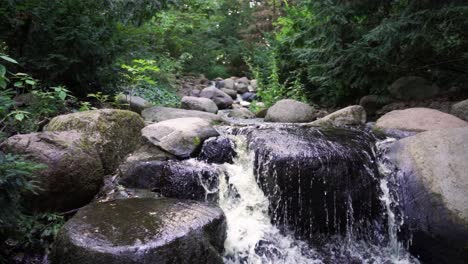 Enthüllungsaufnahme-Eines-Kleinen-Wasserfalls-Mitten-Im-Wald,-Rack-Fokus