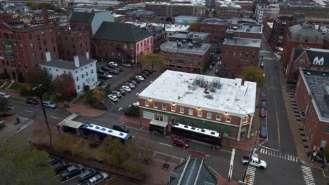 Aerial-drone-view-of-band-buses-in-front-of-the-Music-hall-in-Portsmouth,-USA